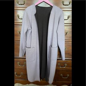 Grace Dane Lewis Reversible Cardigan Sweater in Lilac and Deep Brown.